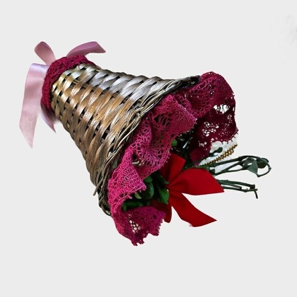 Basket Woven Bell with Crochet Lace Trim and Mistletoe - Picture 1 of 12